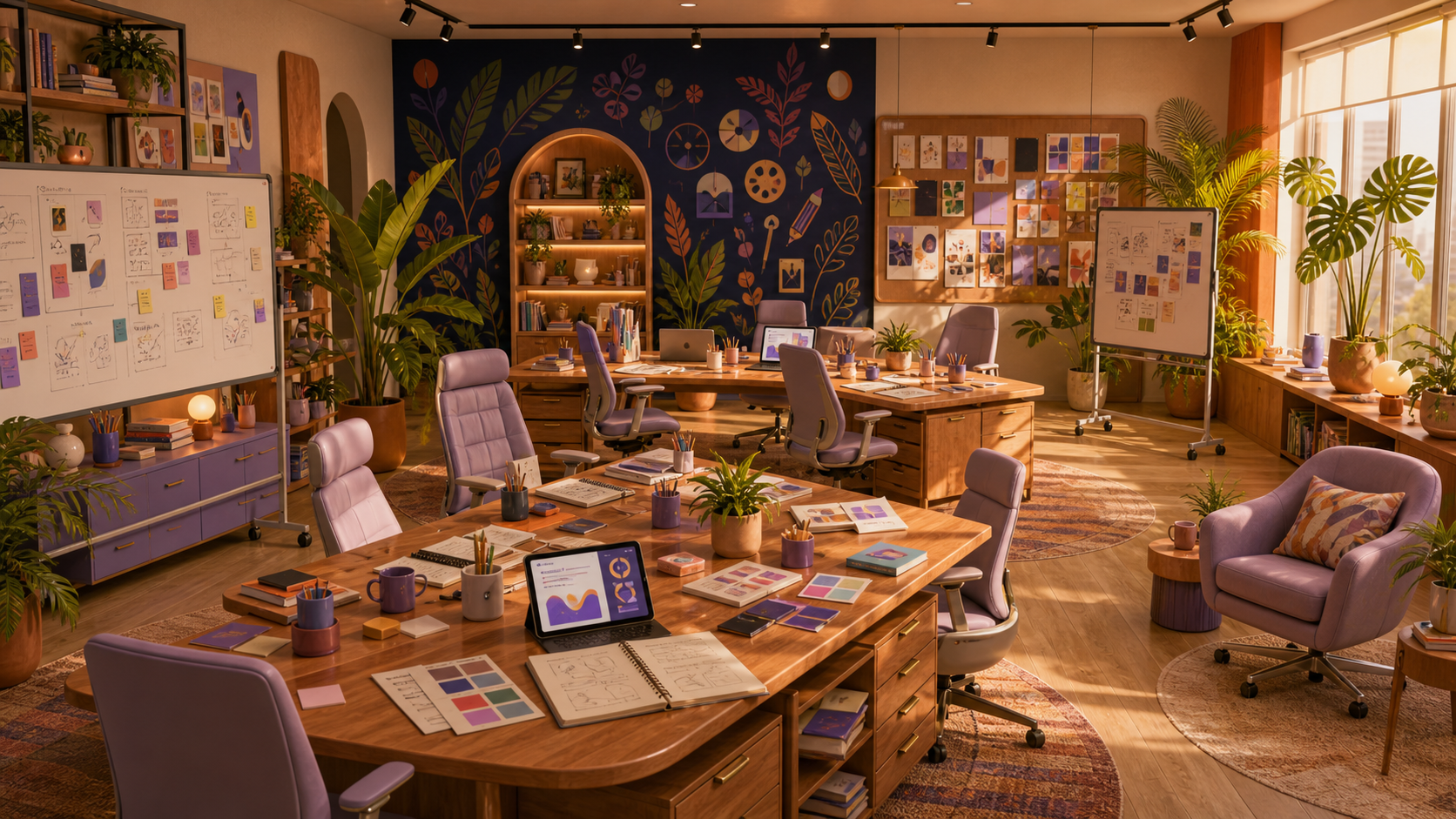 Sala de criação do escritório em luz dourada