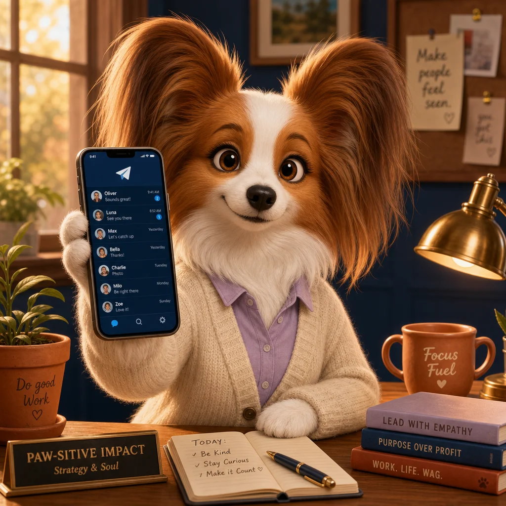 Bella, papillon esperta de cardigan creme usando smartphone