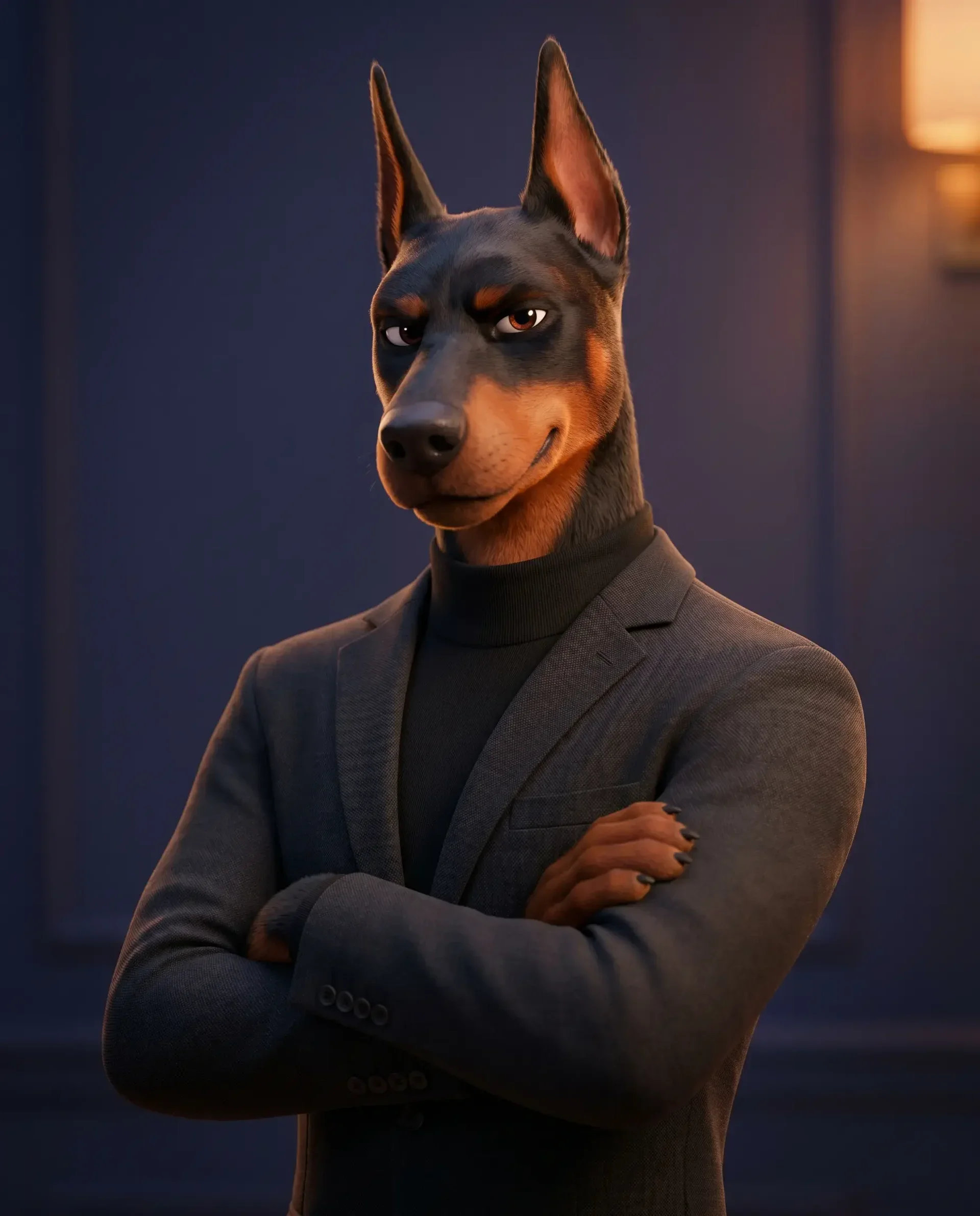 Nyx, doberman antropomórfico concentrado, vibe tech